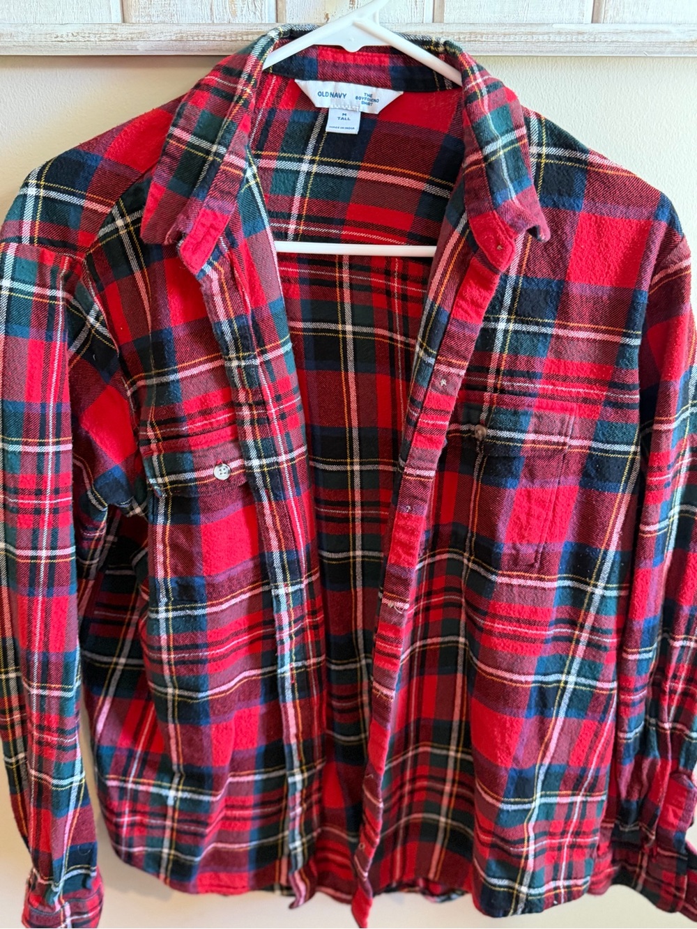 Old Navy Red and Navy Plaid Flannel Button-Down Shirt Medium Tall